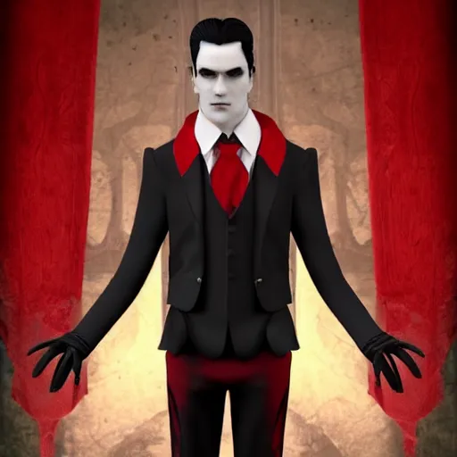 Image similar to a vampire, male, mid - 3 0 s aged, long black hair, clean shaven, dressed formally in red and black, high fantasy, realistic, highly detailed, 8 k.