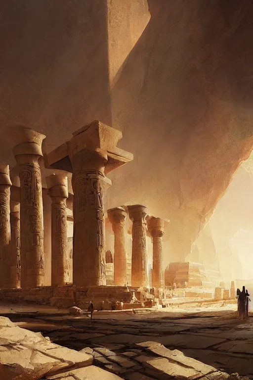 Image similar to a fantasy concept artwork depicting magnificent egyptian temple in the desert by anders zorn, craig mullins and greg rutkowski, beautiful cinematic light