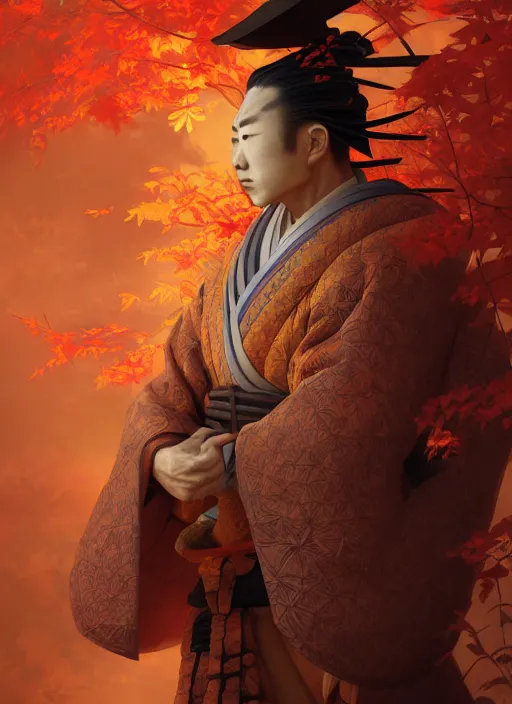 Image similar to kitsune samurai in autumn color kimono, subsurface scattering, by jesper ejsing, justin gerard, tomasz alen kopera, cgsociety and fenghua zhong, highly detailed, rim light, cinematic lighting, illustration, art, octane render, very coherent, cinematic, hyper realism, high detail, octane render, 8 k