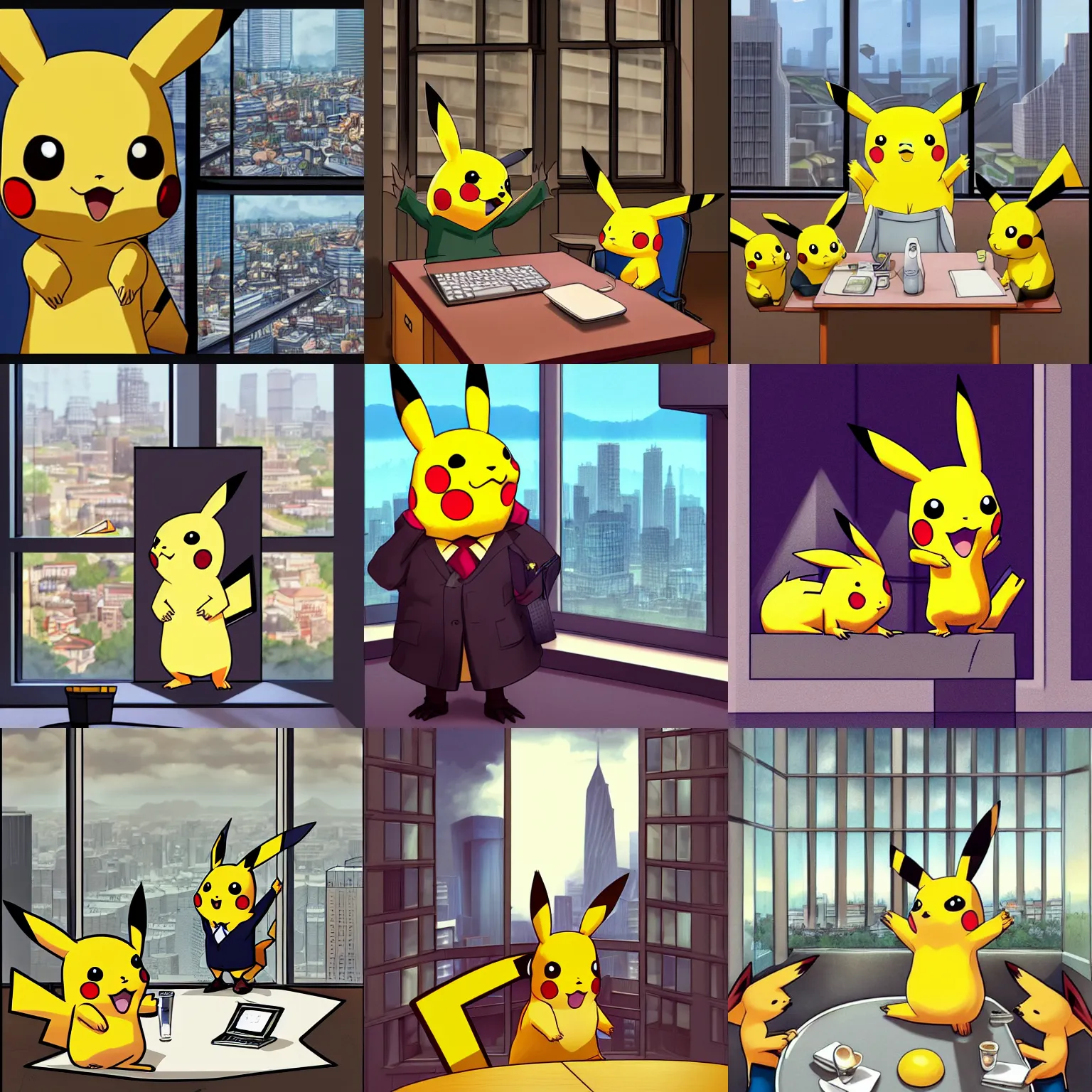 Prompt: pikachu in business suit doing a presentation for squirrels sitting at a business table, city view through the window in the background, by artgerm, highly detailed illustration, trending on artstation