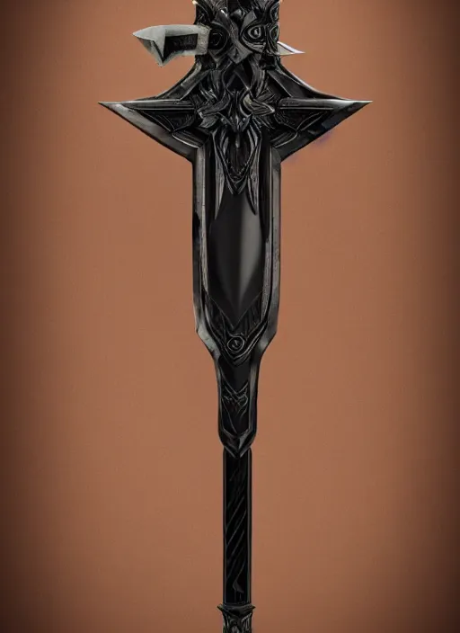 Image similar to a black great sword mini skull crest, orthographic, ornament, weapon, a 3 d render by dom qwek, front side full, trending on polycount, artstation, hard surface modeling, rendered in maya, zbrush, blender, hd, vray, berserk, symmetry