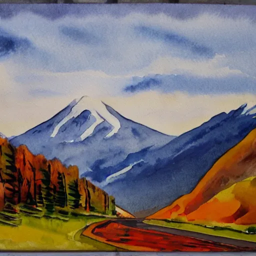 Prompt: spectacular mountain view, socialist art, watercolor, hires 8 k
