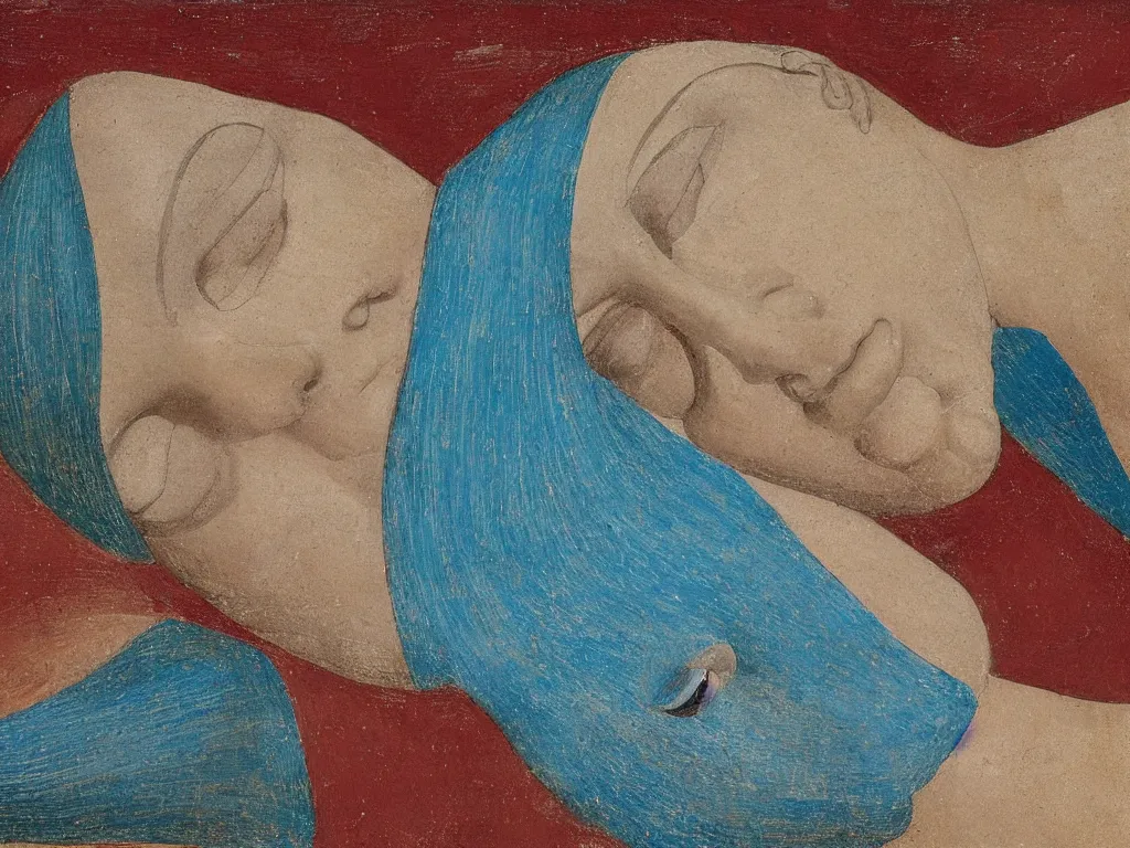 Image similar to greek sculpture head of a lamenting woman lying in the sand. lapis - lazuli, turquoise, malachite, cinnabar, earth brown. painting by piero della francesca, balthus, agnes pelton