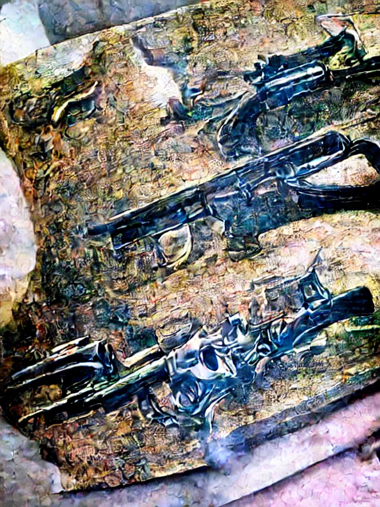 Image similar to carving of machine guns shotguns rifles revolvers bullets, dark vintage paperback cover, ultra-realistic, intricate fluid details, 4k