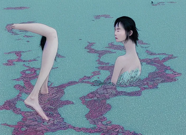 Prompt: lee jin - eun in luxurious dress emerging from pink and turquoise water in salar de uyuni with the ground reflecting the eclipse by takato yamamoto, nicola samuri, conrad roset, m. k. kaluta, martine johanna, rule of thirds, elegant look, beautiful, chic, face anatomy, cute complexion