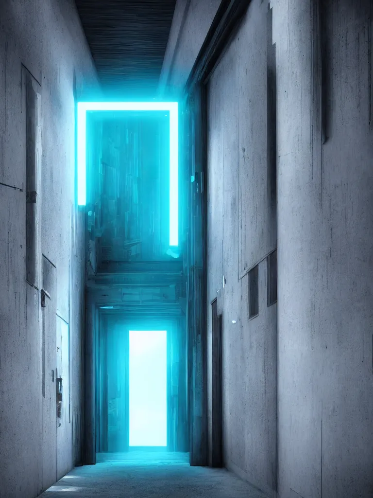 Image similar to a door at the end of a long dark corridor, futuristic, neon,