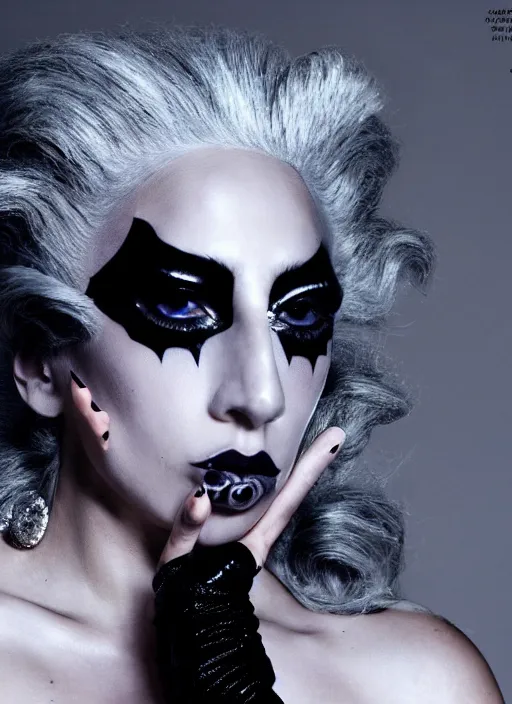 Image similar to lady gaga styled by nick knight posing, the fame monster themed, dark, mysterious, vogue magazine, canon, highly realistic. high resolution. highly detailed. dramatic. 8 k. 4 k.