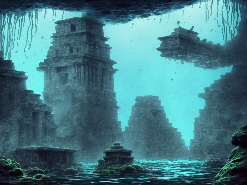 Prompt: full color, wide shot, submerged pre - incan temple, dark, underwater, symmetrical, bubbles, abyss, grenada underwater sculpture park, anime style mixed with fujifilm, detailed gouache paintings, stylized, dark, murky, foggy, atmospheric, artstation, cgsociety, octane render, cgi, unreal engine 5, denoise, cinematic masterpiece