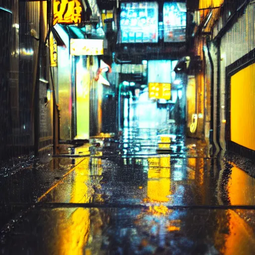 Prompt: a rainy cyuberpunk neo tokyo alley with a black cat sleeping on the wet floor, photo, 4 k