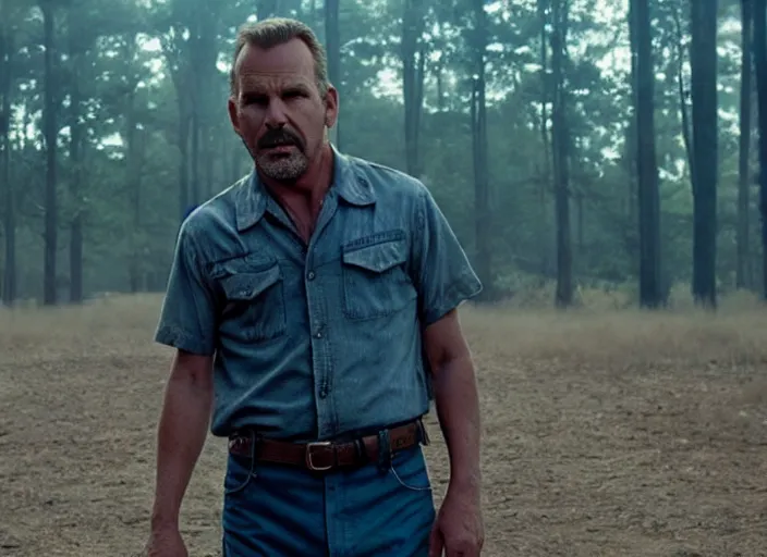 Prompt: film still of!!!!! kevin costner!!!!! as jim hopper in stranger things, 8 k