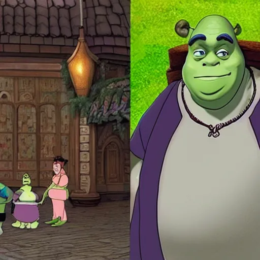 Prompt: shrek cameo in spirited away