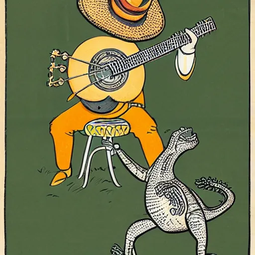 Prompt: a vintage illustration of an alligator playing a banjo