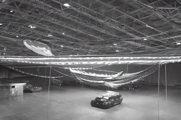 Prompt: photo of a floating alien spaceship in a top secret hanger under a large tarpaulin, tethered to the ground, flood lighting, military personnel surrounding.