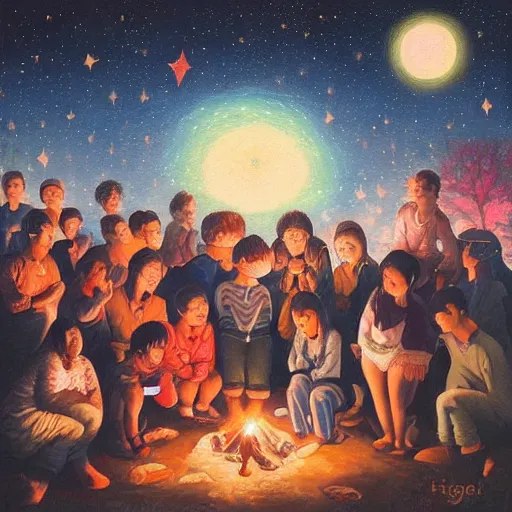 Image similar to A beautiful painting of a group of people gathered around a fire. They are all looking up at the night sky, where a bright star is shining beige by Hikari Shimoda eclectic