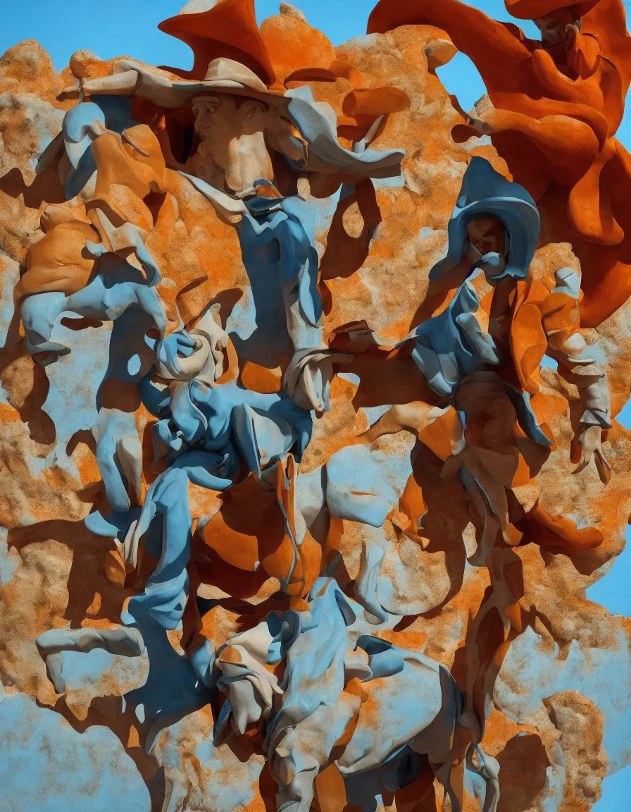 Prompt: a cowboy turning into blooms by slim aarons, by zhang kechun, by lynda benglis, by frank frazetta. tropical sea slugs, angular sharp tractor tires. bold complementary colors. warm soft volumetric light. 8 k, 3 d render in octane unreal engine. a manly cowboy riding by syd mead. sculpture by antonio canova. blue orange