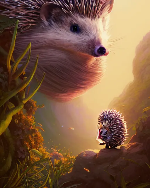 Image similar to highly detailed surreal vfx portrait of a sacred hedgehog, stephen bliss, unreal engine, greg rutkowski, loish, rhads, beeple, makoto shinkai and lois van baarle, ilya kuvshinov, rossdraws, tom bagshaw, alphonse mucha, global illumination, detailed and intricate environment