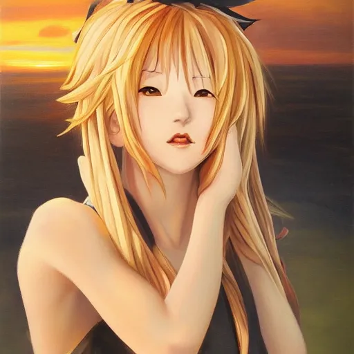 Prompt: Portrait of Kirisame Marisa at sunset, classical oil painting, beautiful artwork, official artwork, stylistic, Touhou character, brush strokes, oil, canvas