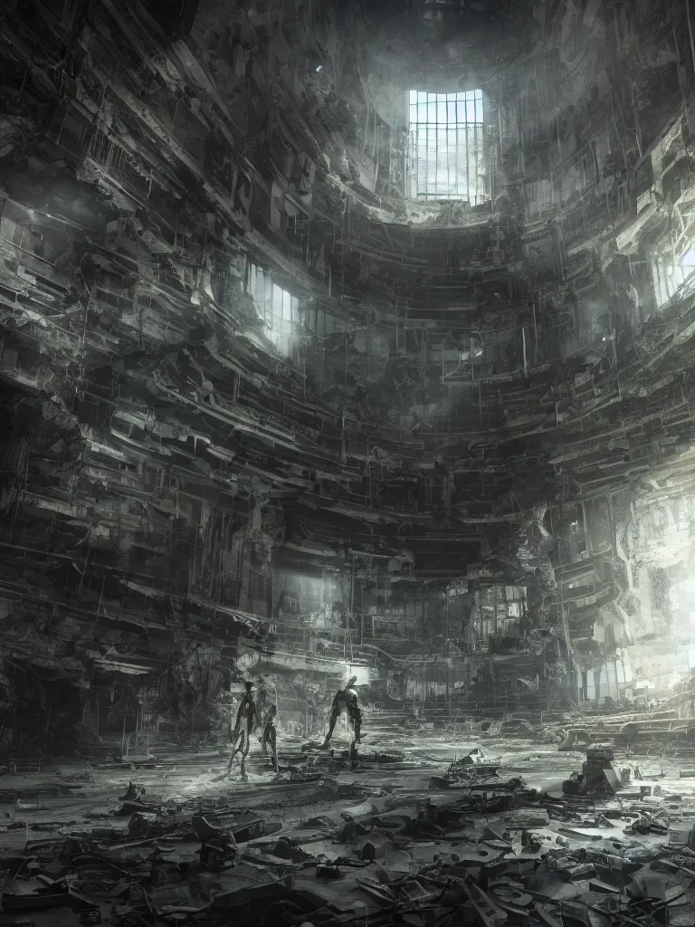 Prompt: portrait of a cyborg, standing in a hall of abandoned ancient megacomplex; hyperrealistic, 4K wallpaper, cinematic lighting, highly detailed and beautiful