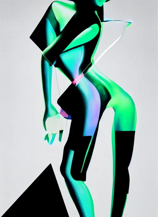 Image similar to futuristic lasers tracing, data visualization, laserpunk fullbodysuit,, pyramid visor, raindrops, wet, oiled, beautiful cyborg girl pinup, by steven meisel, kaws, rolf armstrong, cubist perfect geometry abstract acrylic, hyperrealism photorealistic airbrush collage painting, monochrome, neon fluorescent colors, minimalist rule of thirds, eighties eros