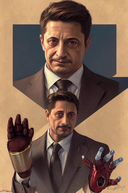 Image similar to zelensky as president, portrait, iron man, highly detailed, digital painting, artstation, concept art, smooth, sharp focus, illustration, cinematic lighting, art by artgerm and greg rutkowski and alphonse mucha