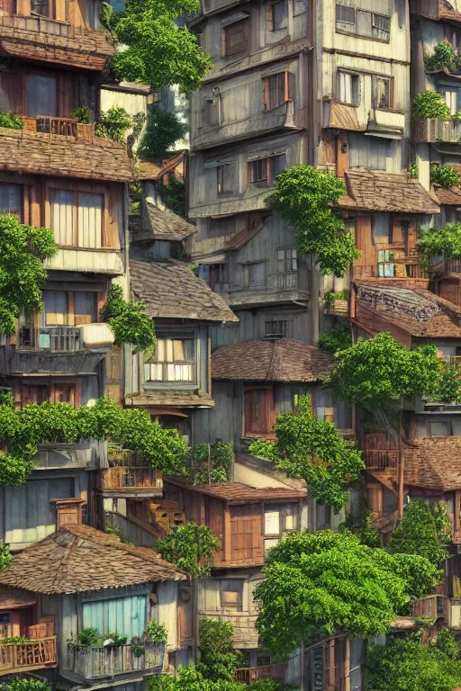 Image similar to stacked houses, solarpunk, studio ghibli, jean - baptiste monge, octane render, 4 k