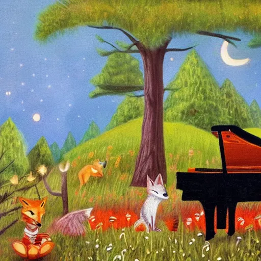 Image similar to A fox playing the piano in a meadow in the forest during the night under the moonlight, children’s book oil painting