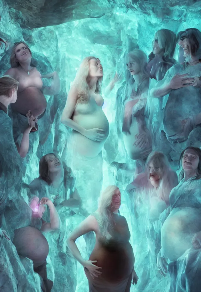 Prompt: epic leader pregnant woman talking to all her tribe with fluorescence bodies, proud people looking at the pregnant woman, ice cave, facinating, fantasy digital art, octane render, beautiful composition, trending on artstation, award - winning photograph, masterpiece