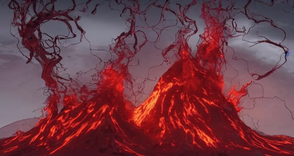 Prompt: a volcano made of ivory vines and crimson rocks enters in eruption, it spits a smoke in the shape of demonic eye, by Wit Studio