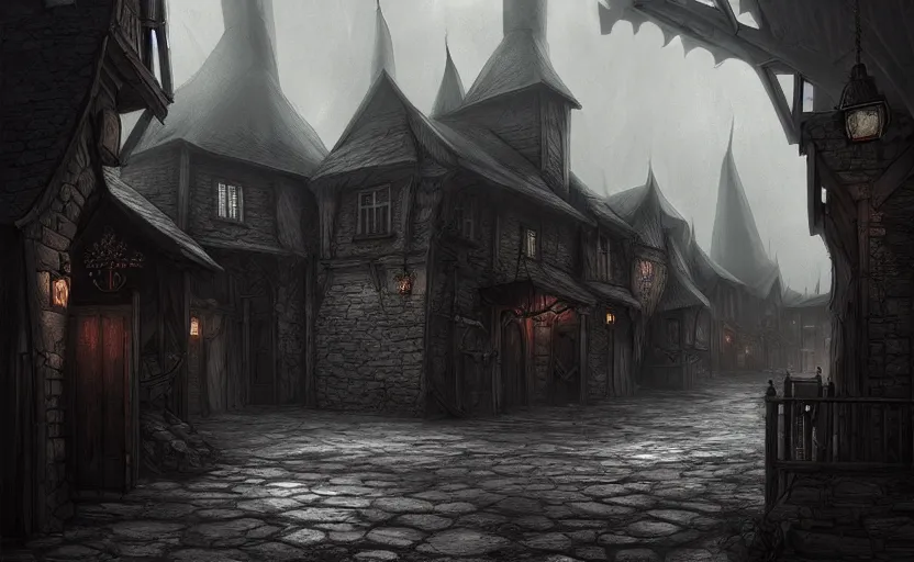 Prompt: beautifully drawn concept art of an old medieval mystic town : : dramatic mood, overcast mood, dark fantasy environment : : trending on artstation, unreal engine, digital art