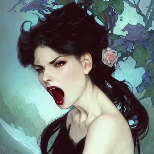 Image similar to portrait of a menacing beautiful vampire, top half of body, by Stanley Artgerm Lau , greg rutkowski, thomas kindkade, alphonse mucha, loish, norman rockwell, J. C. Leyendecker. bright white hair, pale skin, angry complexion, beautiful detailed eyes, black rose frame. D&D, fantasy. Trending on artstation rule of thirds extremely detailed old illustration hd 4k