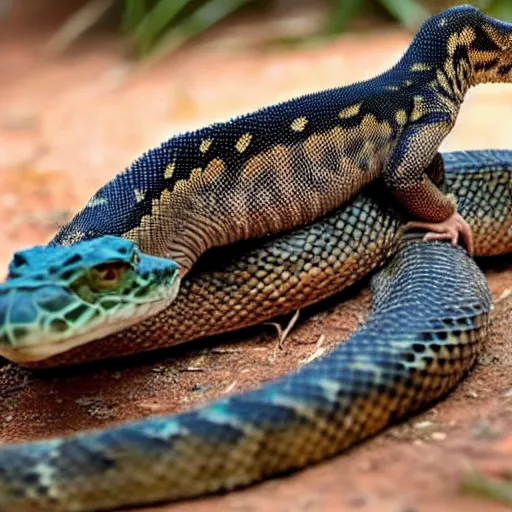 Prompt: rattlesnake and monitor lizard hybrid animal, half rattlesnake and half monitor lizard, real picture taken in zoo