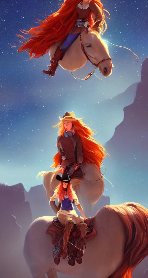 Image similar to a young cowgirl sitting on top of her horse, overlooking a canyon, red hair and blue eyes, stars and galaxies visible in the nightsky, sad and introspective, highly detailed, artstation, stunning, 8 k