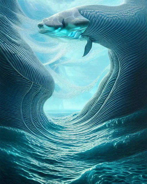 Image similar to a hyper - detailed 3 d render of aquatic animals of the cresting waves, surrealism!!!!! surreal concept art, lifelike, photorealistic, digital painting, aesthetic, smooth, sharp focus, artstation hd, by greg rutkowski, klimt and nixeu and ian sprigger and wlop and krenz cushart,