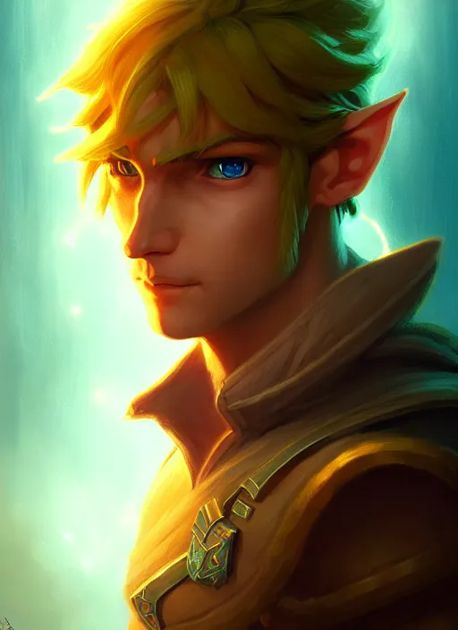 Image similar to portrait of link from the legend of zelda, intricate, elegant, glowing lights, highly detailed, digital painting, artstation, concept art, sharp focus, illustration, art by wlop, mars ravelo and greg rutkowski