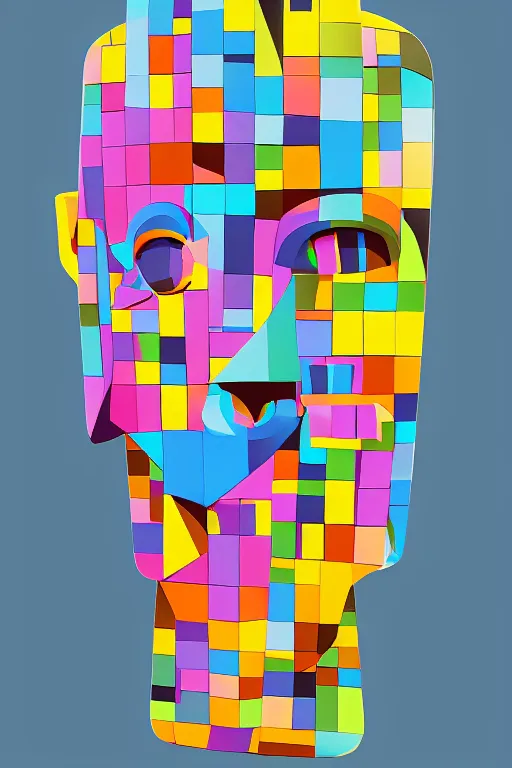 Image similar to cubist moai statue cutout digital illustration cartoon colorful beeple