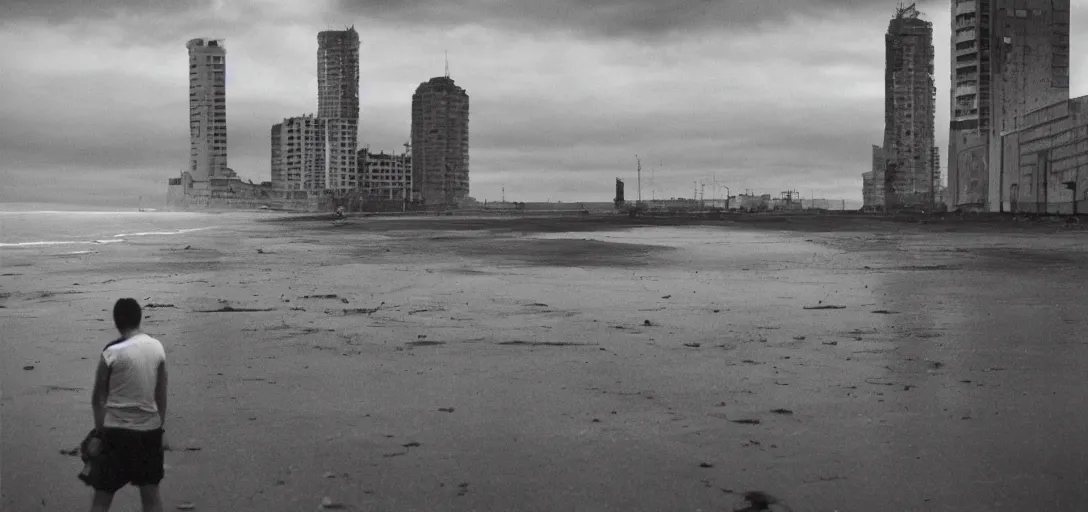 Prompt: apocaliptic Portrait of the city of Mar del Plata with a offshore oil dripping , by stephen Shore, epic composition 35mm