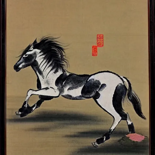 Prompt: a galloping wild horse, traditional chinese painting by xu-beihong