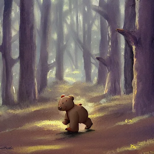 Prompt: a painting teddy bear walking in an ashy forest in the style of Andreas Rocha