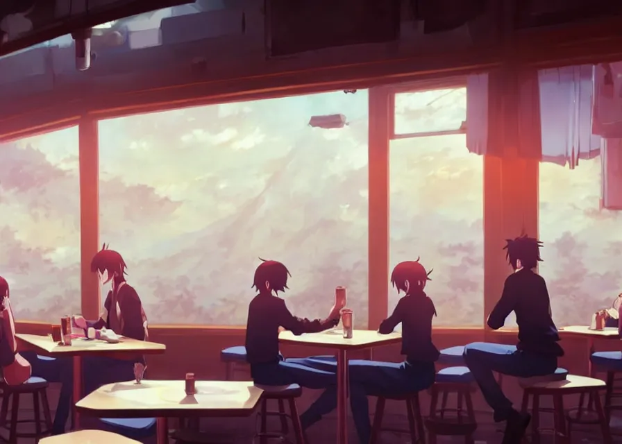 Image similar to an interior of wizards inside a diner with coffee on the table, makoto shinkai, smoky, matte painting