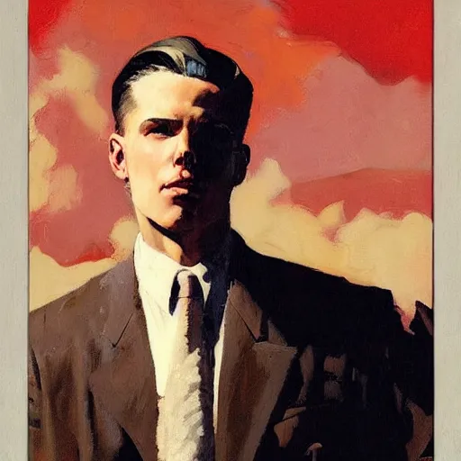 Prompt: an attractive male standing on a cliff, looking out at a red ocean, jc leyendecker!! phil hale!, angular, brush strokes, painterly, vintage, crisp