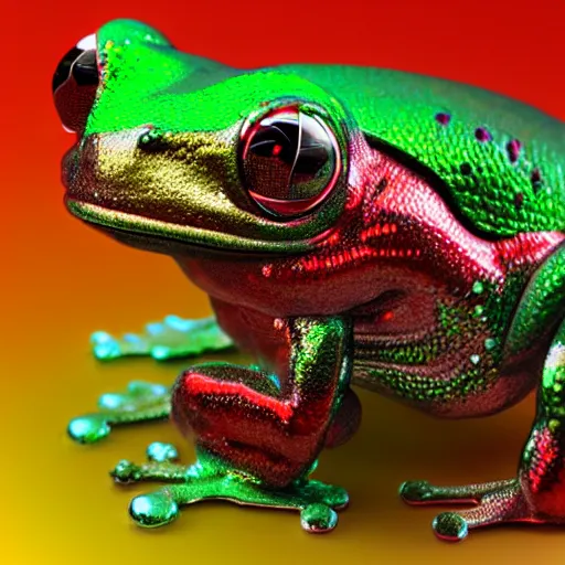Prompt: metallic cyborg emerald tree frog made of jello, intense red glowing eyes, futuristic, octane render