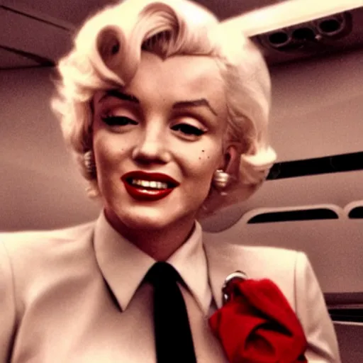 Prompt: iPhone digital photography of marilyn monroe as a flight attendant in 2014