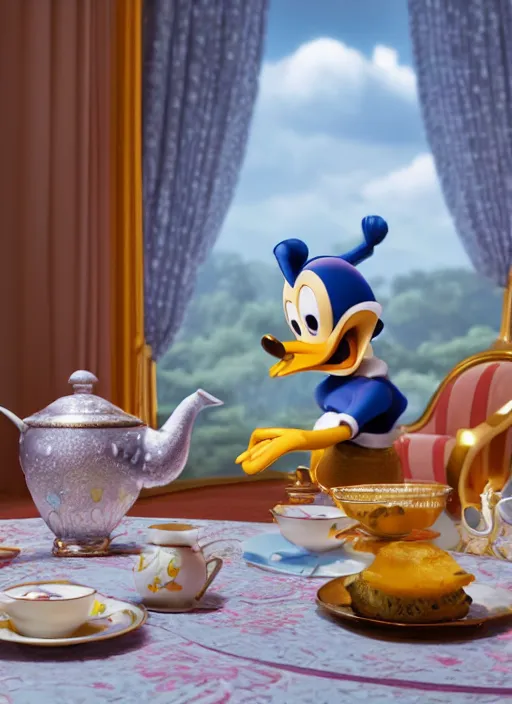 Image similar to cinderalla and donald duck having tea at the ritz, octane render, cinematic, elegant, intricate, 8 k