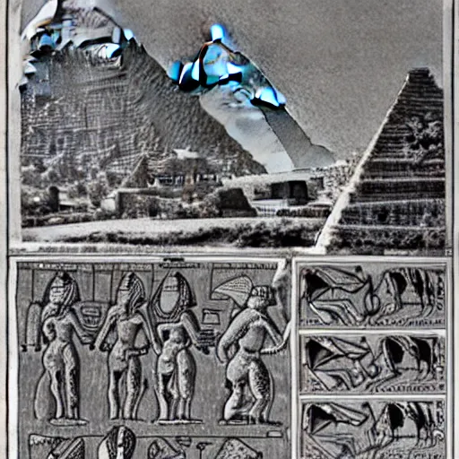 Image similar to an old journal page with a rich illustration of aliens building the Great Pyramid of Giza