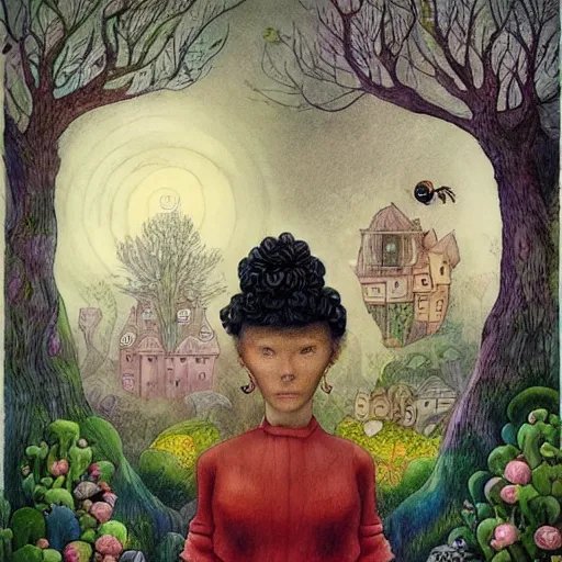 Image similar to a portrait of a woman standing infront of a window, she is happy and has lovely hair and eyes, a man is standing behind her with a look of suprise in his face, 🪴🌳🐝, 8 k, lowbrow, in the style of daniel merriam and alexander jansson,