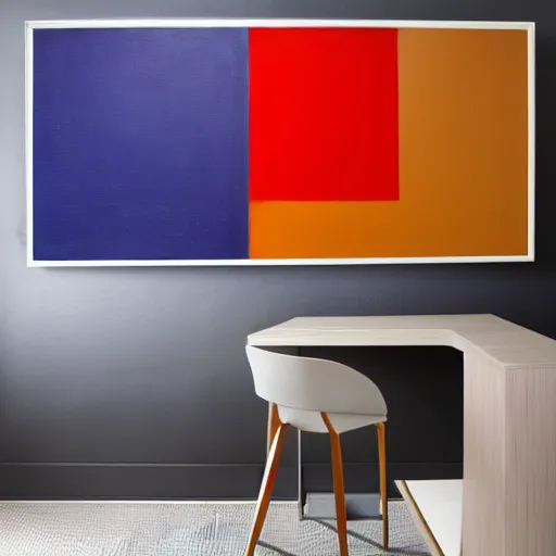 Image similar to a modern abstract painting with a light background that contains contrasting geometric shapes featuring a variety of colors. the theme is playfully urban. subtle morning light in a modern office with white walls.