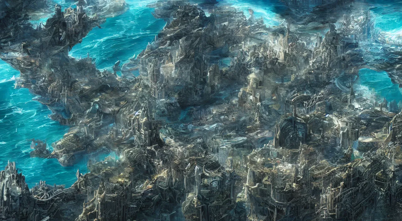 Image similar to the (((hidden))) city of atlantis, large scale, breathtaking, mixed media, digital art, trending on artstation, 8k, epic composition, highly detailed, AAA graphics