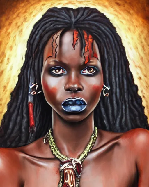 Prompt: beautiful ancient african demonic vampire girl, portrait, hyperrealistic, bloodstained