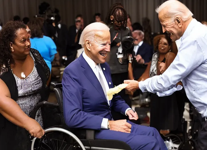 Image similar to Biden in a wheelchair getting spoon-fed by obese black woman, award winning cinematic photography, 50 mm, blurred background, trending on twitter