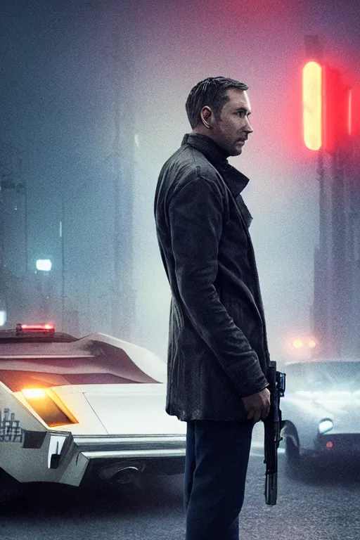 Image similar to Bladerunner 2049 still police officer standing next to white patrol car midnight crossed arms dark night orange street lamps. Bladerunner 2049 (2017) film. style of Roger Deakins Jeremy Saulnier Newton Thomas Sigel Robert Elswit Greig Fraser trending rtx on ue5. 35mm Kodak Vision 2383 gritty atmospheric